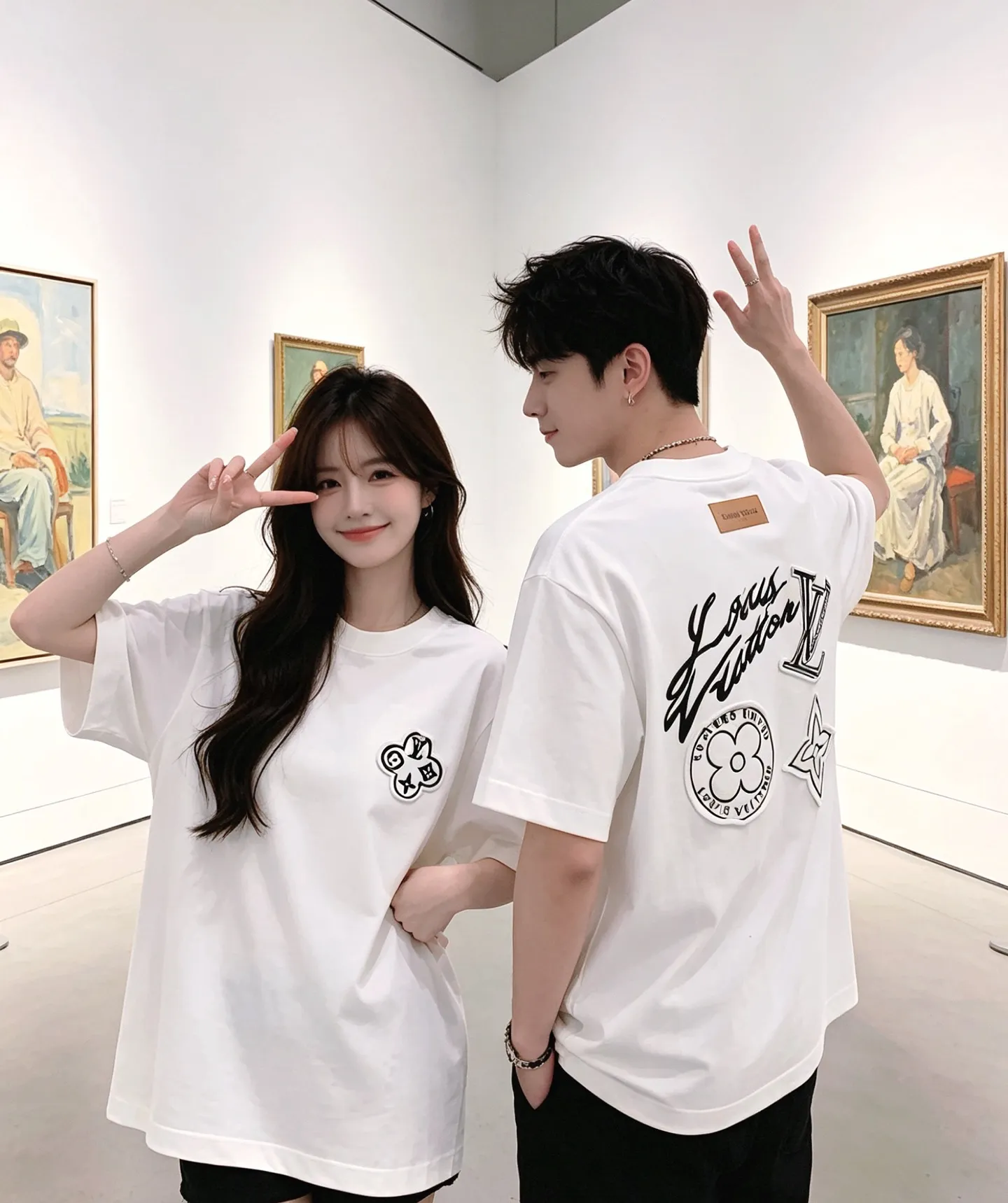 Louis Vuitton/Louis Vuitton three-flower large patch embroidered round neck short sleeves on the back